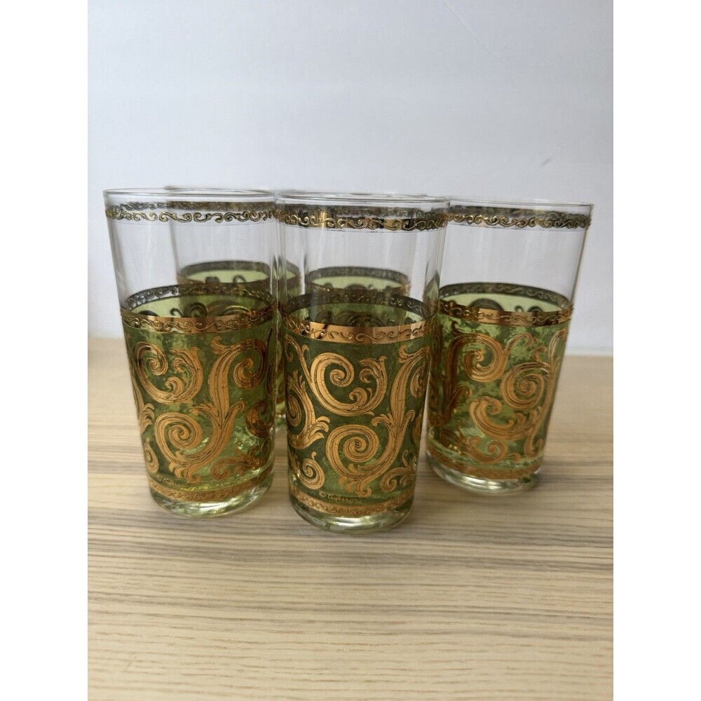 MCM Set 5 Culver 'Toledo' Green Gold Scroll Highball Glasses Tumblers 5.5h
